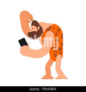 Caveman and Smartphone. Prehistoric man and Phone. ancient Gadget Stock Vector
