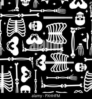Skeleton anatomy human pattern seamless. Skeletal system cross section backgrund. Bones and skull. Ribs and pelvic bone. vector ornament Stock Vector
