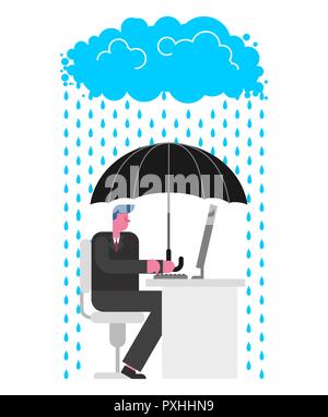 Umbrella over businessman working at computer. Security boss. Protecting business. Vector illustration Stock Vector