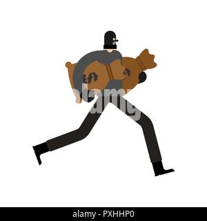 Robber and bag of money. burglar in mask run. plunderer Vector illustration Stock Vector