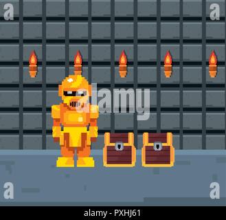 robot chest treasure torch on wall video game vector illustration Stock Vector