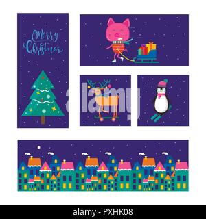 Merry Christmas greeting card with cute animals: pig, reindeer, penguin, fox and snowman. Flat style of icons for presents, invitation, children room, Stock Vector