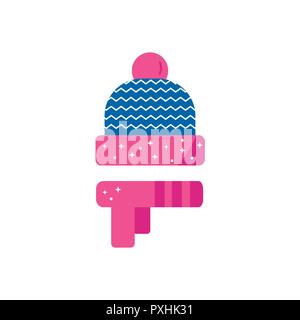 Merry Christmas greeting card with hat scarf . Flat style of icons for presents, invitation, children room decor, interior design. Stock Vector