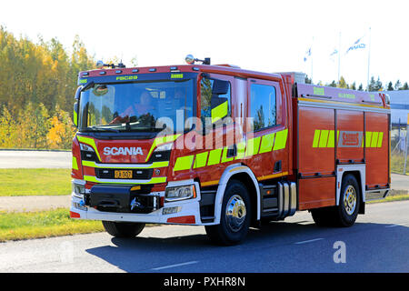 Lieto, Finland - October 19, 2018: Scania P370 CrewCab fire truck on Scania Urban Tour 2018 in Turku. Scania's new truck generation is now complete. Stock Photo