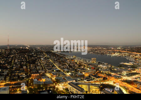 A View Over Elliott bay and Seattle Urban Downtown City Skyline Buildings Waterfront from Space needle Stock Photo