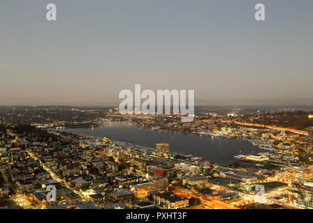 A View Over Elliott bay and Seattle Urban Downtown City Skyline Buildings Waterfront from Space needle Stock Photo