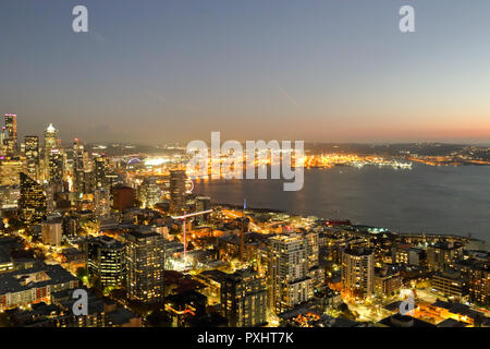 A View Over Elliott bay and Seattle Urban Downtown City Skyline Buildings Waterfront from Space needle Stock Photo