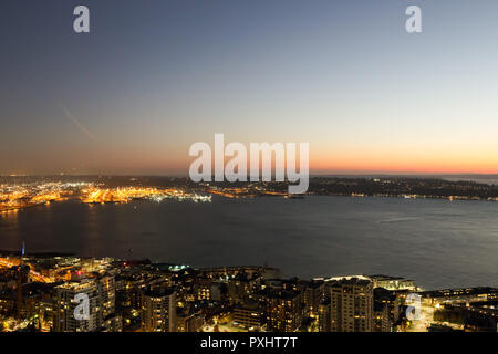 A View Over Elliott bay and Seattle Urban Downtown City Skyline Buildings Waterfront from Space needle Stock Photo