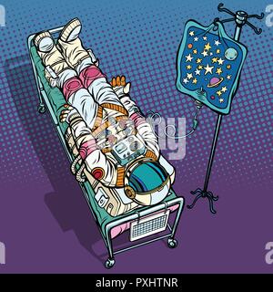 Star fever. Astronaut under medical dropper. Connected to the un Stock Vector