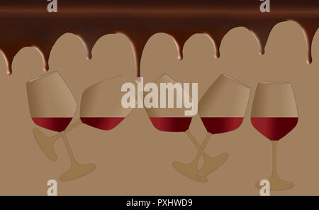 Dripping chocolate and wine are paired together in this illustration. Stock Photo