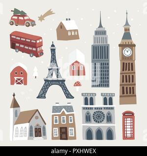 Set of cute winter city, town and village icons. Hand drawn houses, church, Eiffel and Big Ben tower, doubledecker and car. Christmas design. Isolated vector objects, flat design. Stock Vector