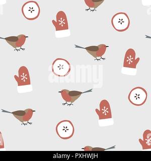 Cute festive winter seamless pattern with hand drawn finch birds, sliced apples and gloves. Christmas design. Vector illustration Stock Vector