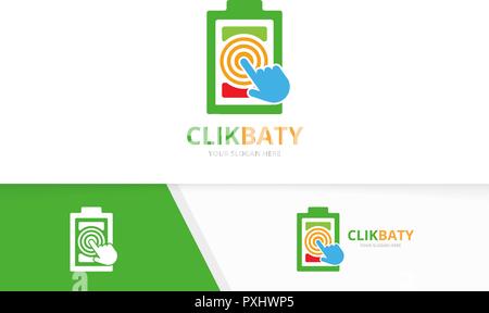 Vector battery and click logo combination. Energy and cursor symbol or icon. Unique accumulator and digital logotype design template. Stock Vector