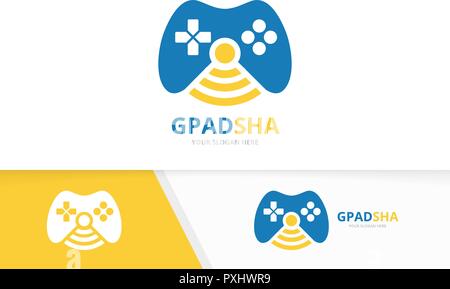 Vector joystick and wifi logo combination. Gamepad and signal symbol or icon. Unique console controller and radio logotype design template. Stock Vector