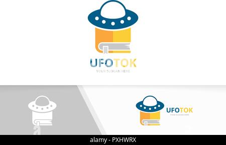 Vector UFO and book logo combination. Spaceship and library symbol or icon. Unique alien and bookstore logotype design template. Stock Vector