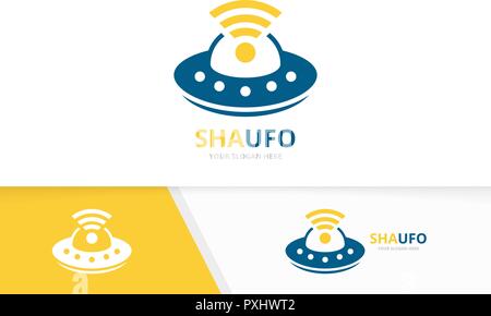 Vector UFO and wifi logo combination. Spaceship and signal symbol or icon. Unique alien and radio logotype design template. Stock Vector