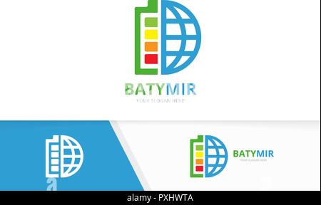 Vector battery and planet logo combination. Energy and world symbol or icon. Unique accumulator and globe logotype design template. Stock Vector
