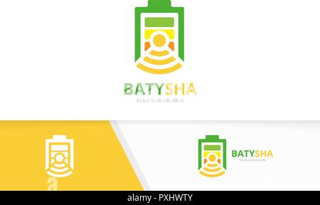 Vector battery and wifi logo combination. Energy and signal symbol or icon. Unique accumulator and radio logotype design template. Stock Vector