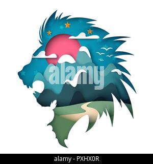 Paper mountain landscape. Lion illustration. Stock Vector