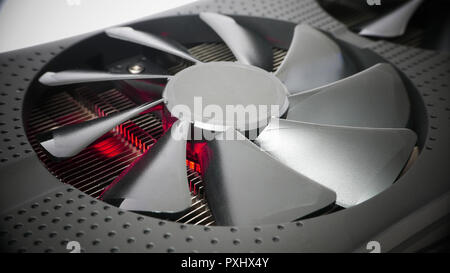 Cooling system of powerful graphics card, heat produced by data processing, computation and bitcoin mining Stock Photo