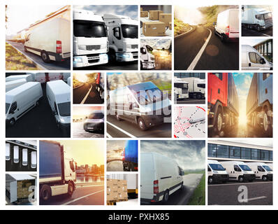 Collage composition with vans and trucks. Concept of transport and logistic Stock Photo