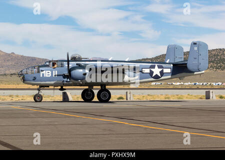 North American B-25 Mitchell medium bomber taxis on the ramp at Reno-Stead Airport in Nevada. Stock Photo