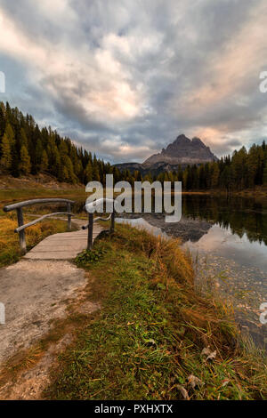 Morning view of Lago Antorno, Dolomites, Lake mountain landscape with Alps peak , Misurina, Cortina d'Ampezzo, Italy Stock Photo