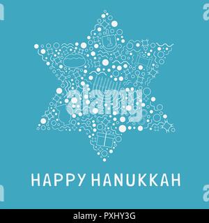 Hanukkah holiday flat design white thin line icons set in star of david shape with text in english "Happy Hanukkah". Stock Vector