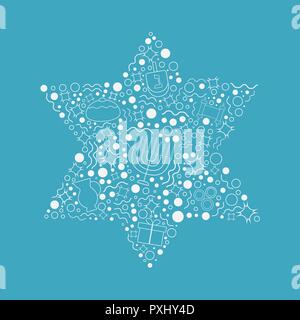 Hanukkah holiday flat design white thin line icons set in star of david shape. Stock Vector