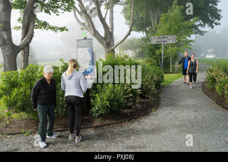 Visitors walking on Shore Path on a misty morning, Bar Harbor, Maine. Stock Photo
