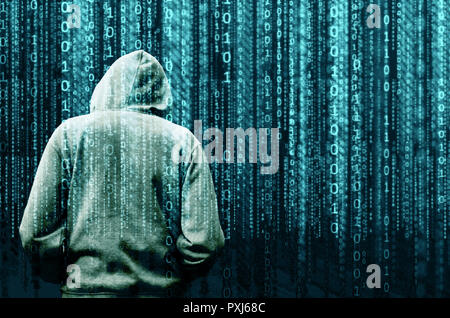anonymous and mysterious man hooded composite with stream of binary digits, white hat, ethical hacker concept Stock Photo