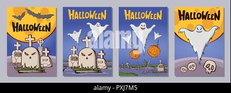 Halloween hand drawn invitation or greeting cards set with lattering. Color cartoon shapes. Tombs, crosses, pumpkins, bats, skulls, ghosts, trees, moo Stock Vector