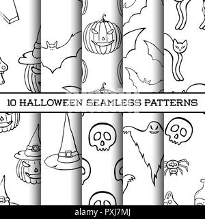 Set of ten Halloween monochrome silhouettes seamless patterns. Hand drawn doodle cartoon elements of Halloween celebration. Pumpkin, skull, poison, co Stock Vector
