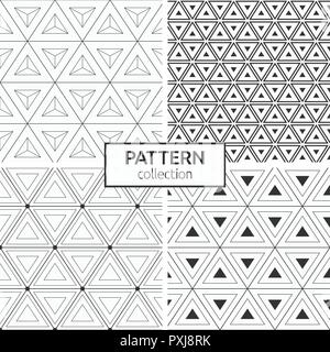 Set of four seamless patterns. Abstract geometric trendy vector backgrounds. Modern stylish textures of repeating triangles. Linear grid of triangles. Stock Vector