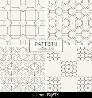 Set of four seamless patterns. Abstract geometric vector backgrounds. Modern stylish textures of rounded rectangles, triangles, hexagons. Stock Vector