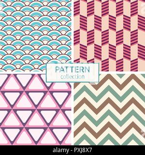 Set of four color seamless patterns. Modern stylish textures of repeating geometric shapes, japanese wave, zigzag color lines, symmetry arranged. Stock Vector