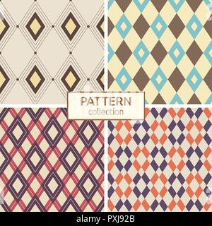 Set of four vector seamless patterns. Abstract geometric trendy color backgrounds. Retro colors. Flat design. Modern stylish textures of rhombuses. Stock Vector