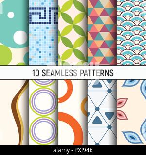 Set of ten seamless patterns. Abstract geometrical trendy vector color backgrounds. Fashion design. Modern stylish textures with triangles. Stock Vector