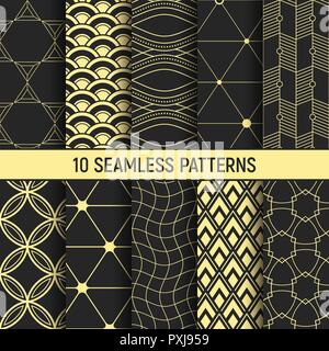 Set of ten gold seamless patterns. Abstract geometrical trendy vector backgrounds. Linear style. Fashion design. Modern stylish textures with triangle Stock Vector
