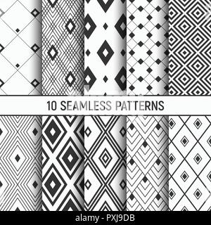 Set of ten seamless patterns. Abstract geometrical trendy vector backgrounds. Fashion design. Modern stylish textures with triangles. Stock Vector