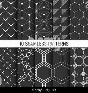 Set of ten monochrome seamless patterns. Abstract geometrical trendy vector backgrounds. Fashion design. Modern stylish textures with triangles, dots. Stock Vector