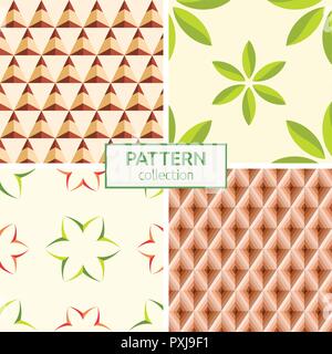 Set of four seamless fashion colorful patterns. Abstract geometric shapes. Patterns of triangles, rhombuses, decorative ornaments, geometric flowers. Stock Vector