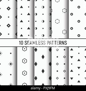 Set of ten seamless patterns. Abstract geometrical trendy vector backgrounds. Modern stylish textures with triangles, dots, dotted lines, rhombuses. Stock Vector