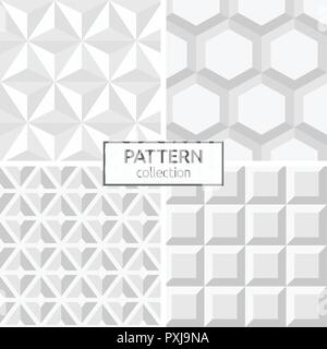 Set of four abstract geometric seamless patterns. Modern stylish backgrounds. White and gray geometric textures of triangles, hexagons, square tiles. Stock Vector