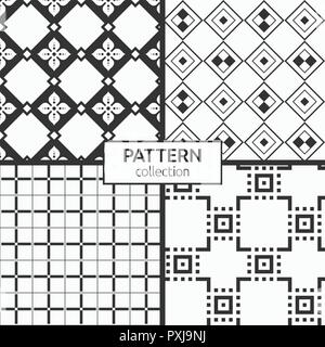 Set of four seamless patterns. Abstract geometric trendy vector backgrounds. Modern stylish textures of rhombuses and four-petal flowers, squares. Stock Vector