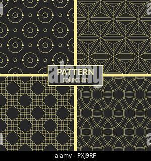 Set of four seamless patterns. Abstract geometric trendy vector backgrounds. Modern stylish textures of triangles, rounded rectangles, circles, dots. Stock Vector