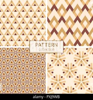 Set of four seamless fashion colorful patterns. Abstract geometric shapes color patterns. Patterns of triangles, corners, symmetric geometric shapes. Stock Vector