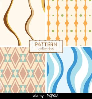Set of four seamless fashion colorful patterns. Abstract geometric shapes. Patterns of wavy stripes, decorative ornaments, dots of different size. Stock Vector