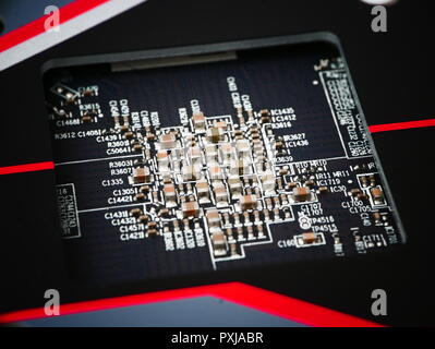 Electronic printed circuit board, digital background of GPU processing unit Stock Photo