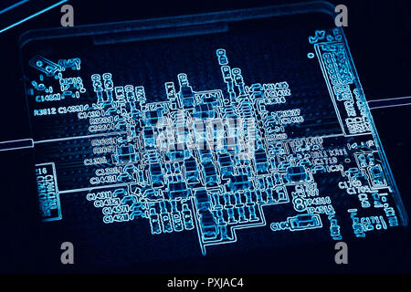 Electronic printed circuit board, blue digital background of GPU processing unit Stock Photo